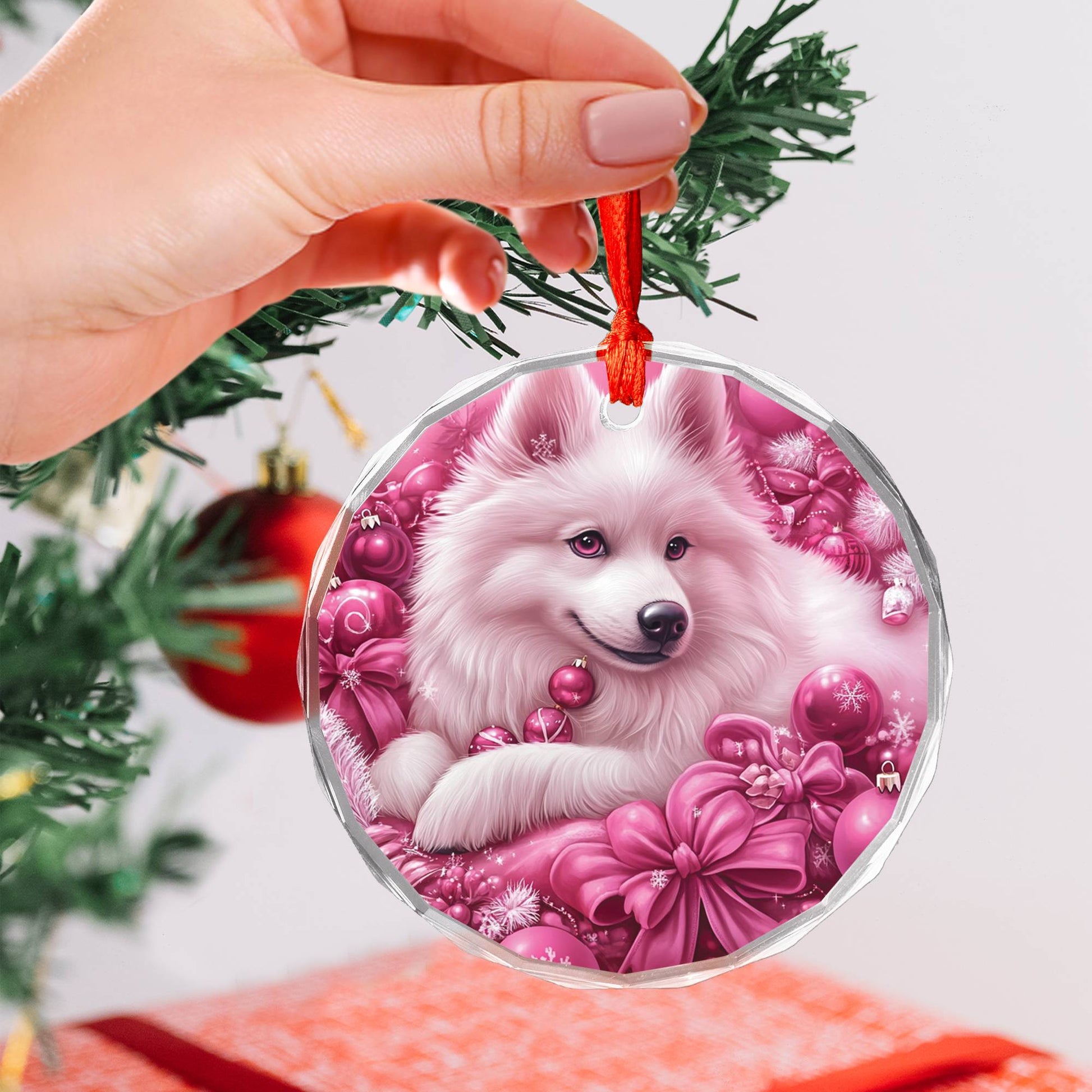 Samoyed Dog Pink Christmas Design 1 Glass Ornament