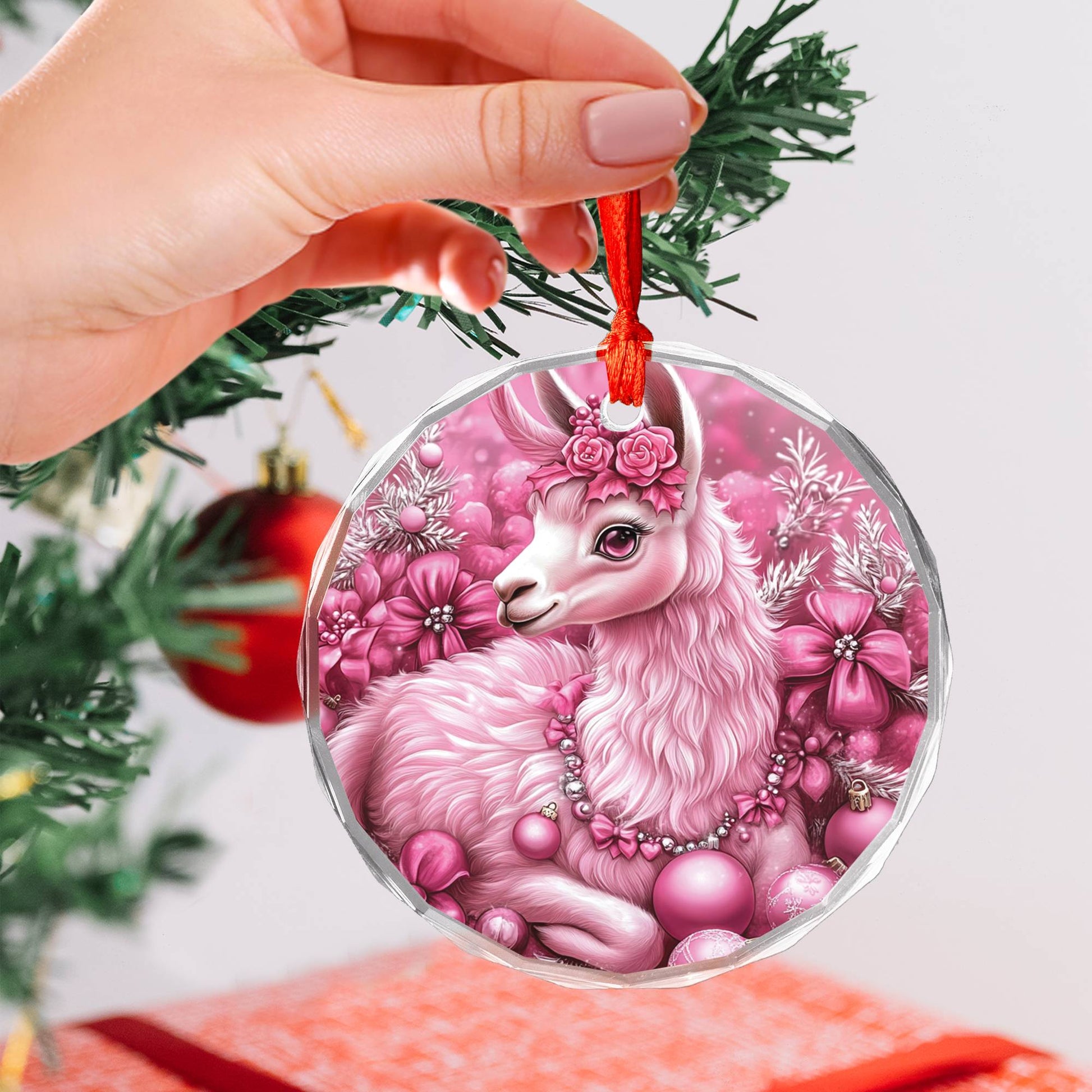 Llama Pink Christmas Design 3 Glass Ornament