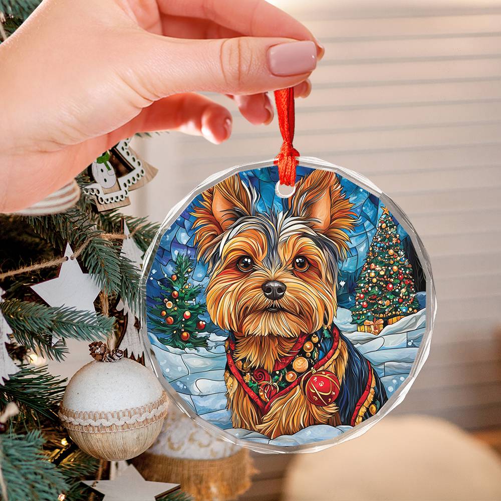 Beautiful Angus Yorkshire Terrier Dog Christmas Night Design 1 Glass Ornament