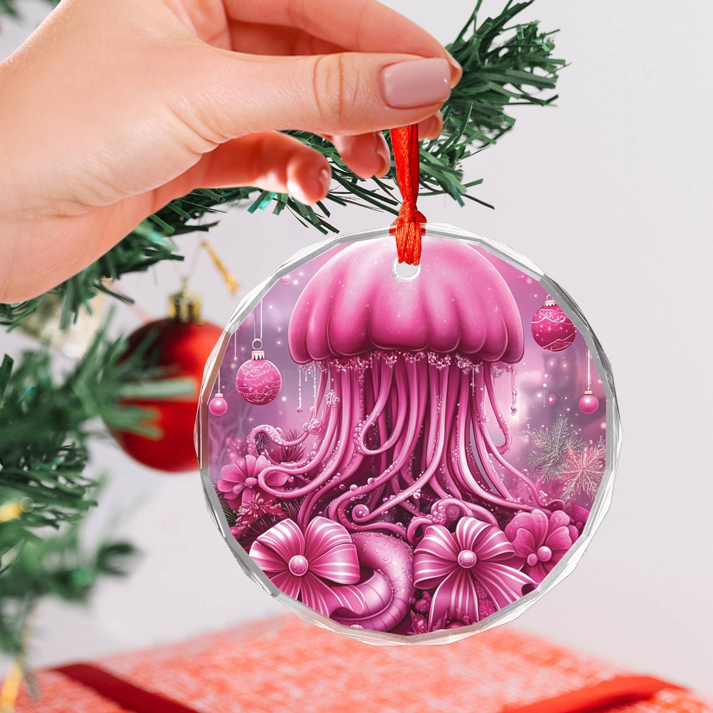 Jellyfish Pink Christmas Design 1 Glass Ornament