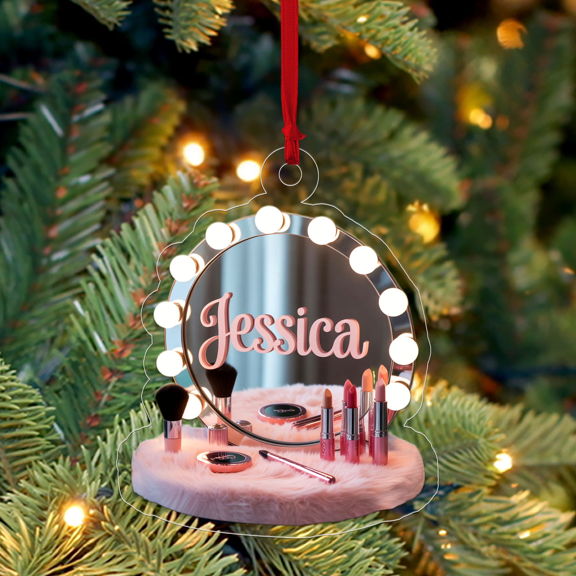 Personalized Makeup Table With Mirror Ornament, Christmas Decor, Beauty Ornaments, Makeup Artist Ornament, Xmas Makeup Gifts