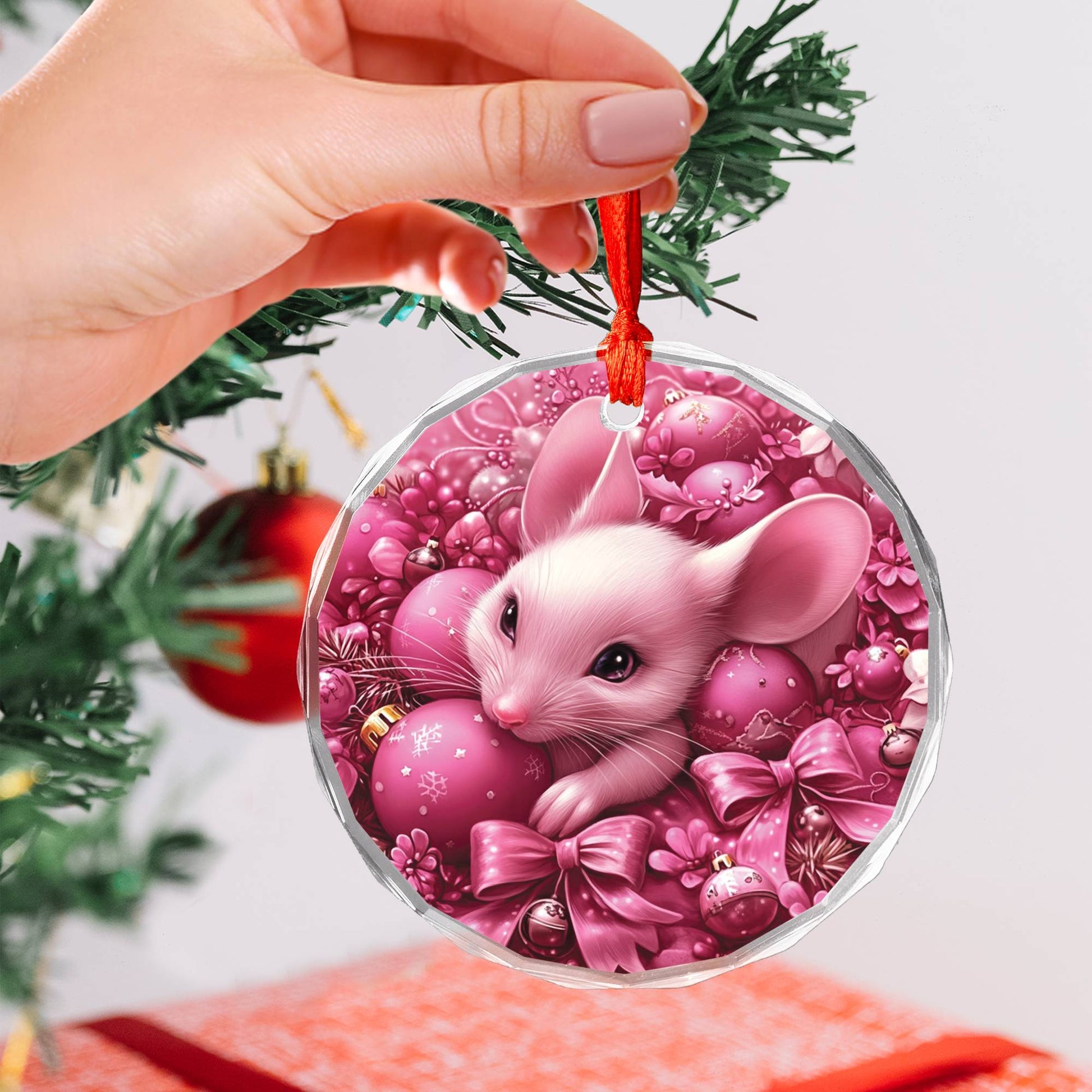 Mice Pink Christmas Design 1 Glass Ornament