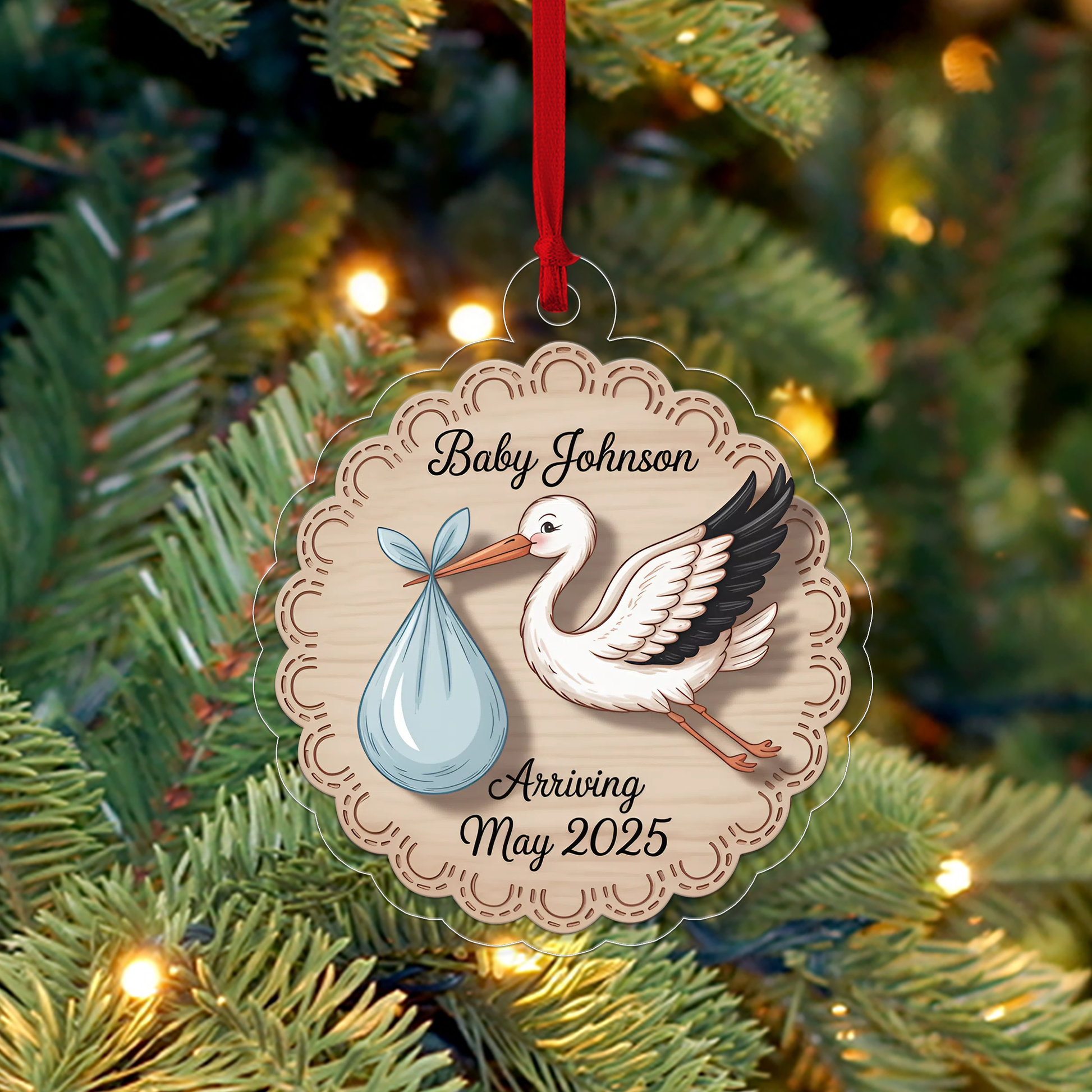 Personalized Stork Baby Announcement Ornament, Christmas Decor, Baby Coming Next Year Ornament, New Baby Arriving 2025