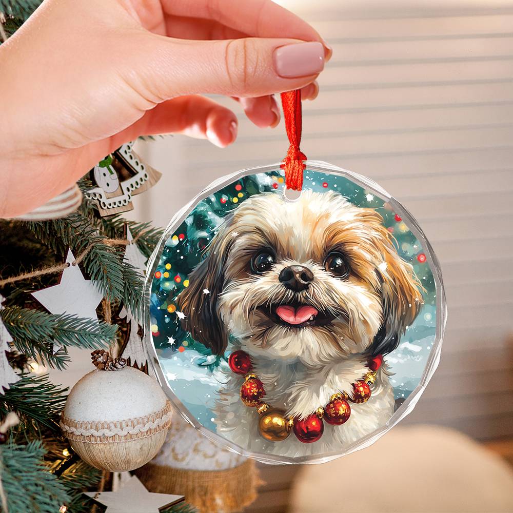 Beautiful Angus Shih Tzu Dog Christmas Night Design 4 Glass Ornament