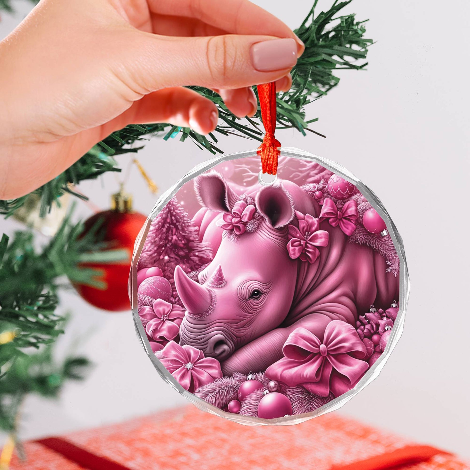 Rhino Pink Christmas Design 4 Glass Ornament