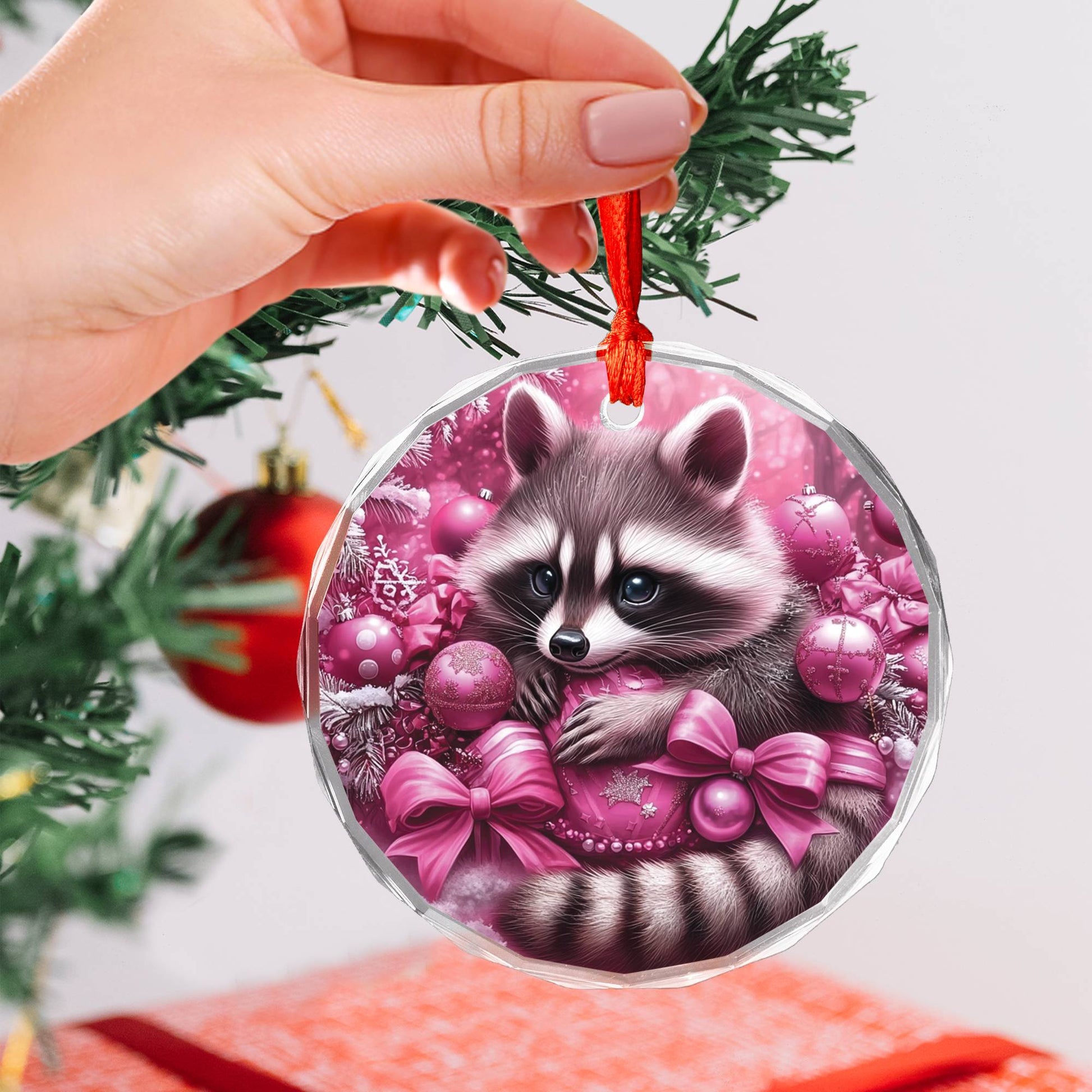 Racoon Pink Christmas Design 1 Glass Ornament