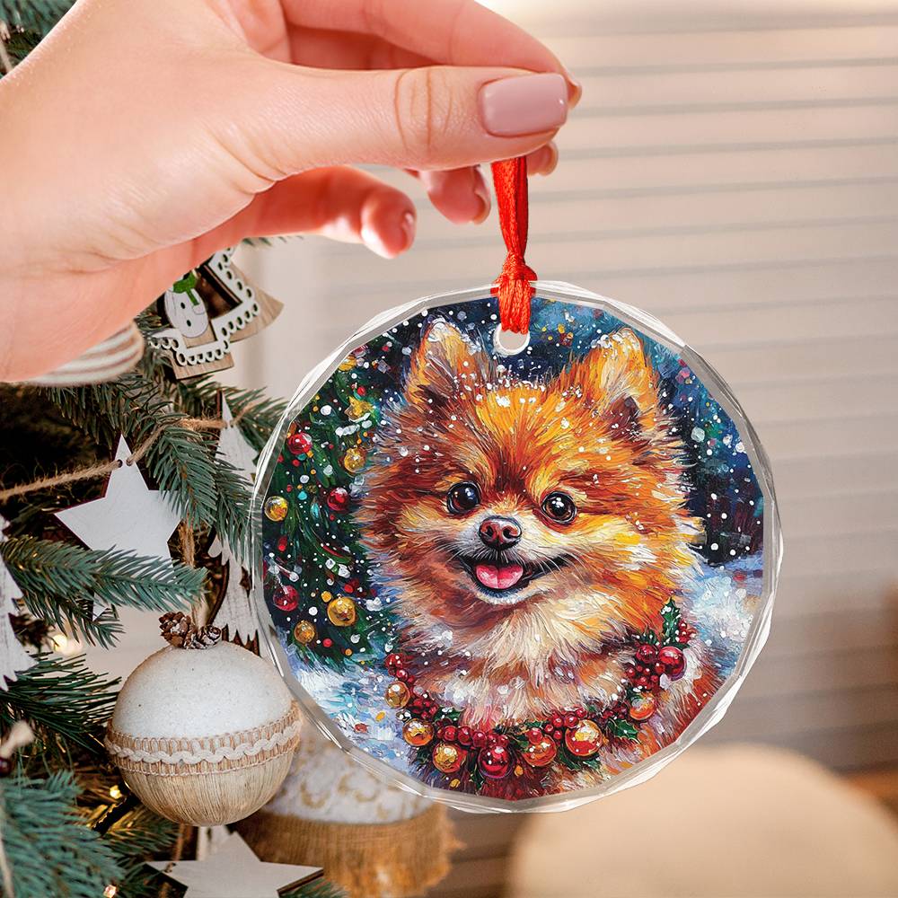 Beautiful Angus Pomeranian Dog Christmas Night Design 1 Glass Ornament