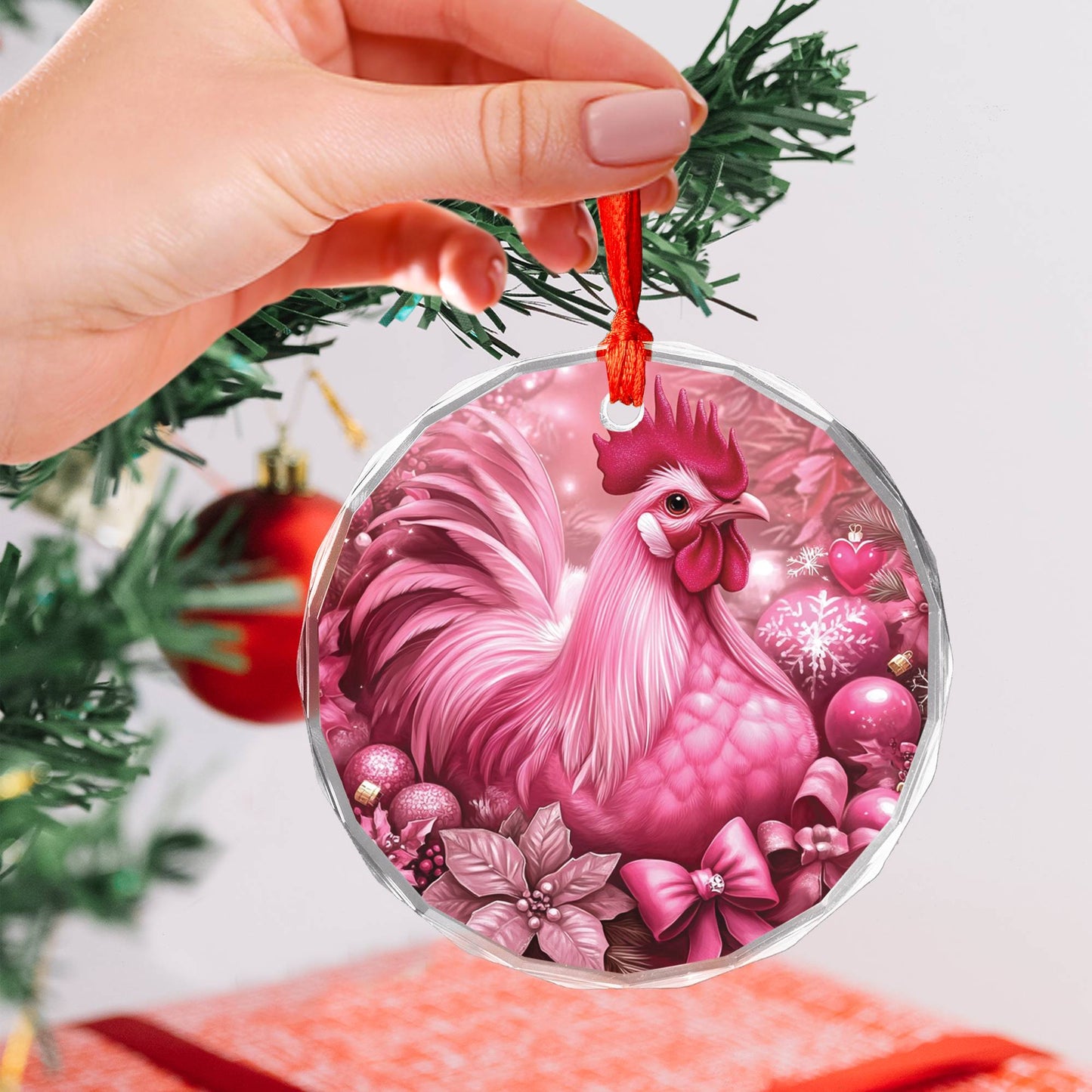 Rooster Pink Christmas Design 2 Glass Ornament