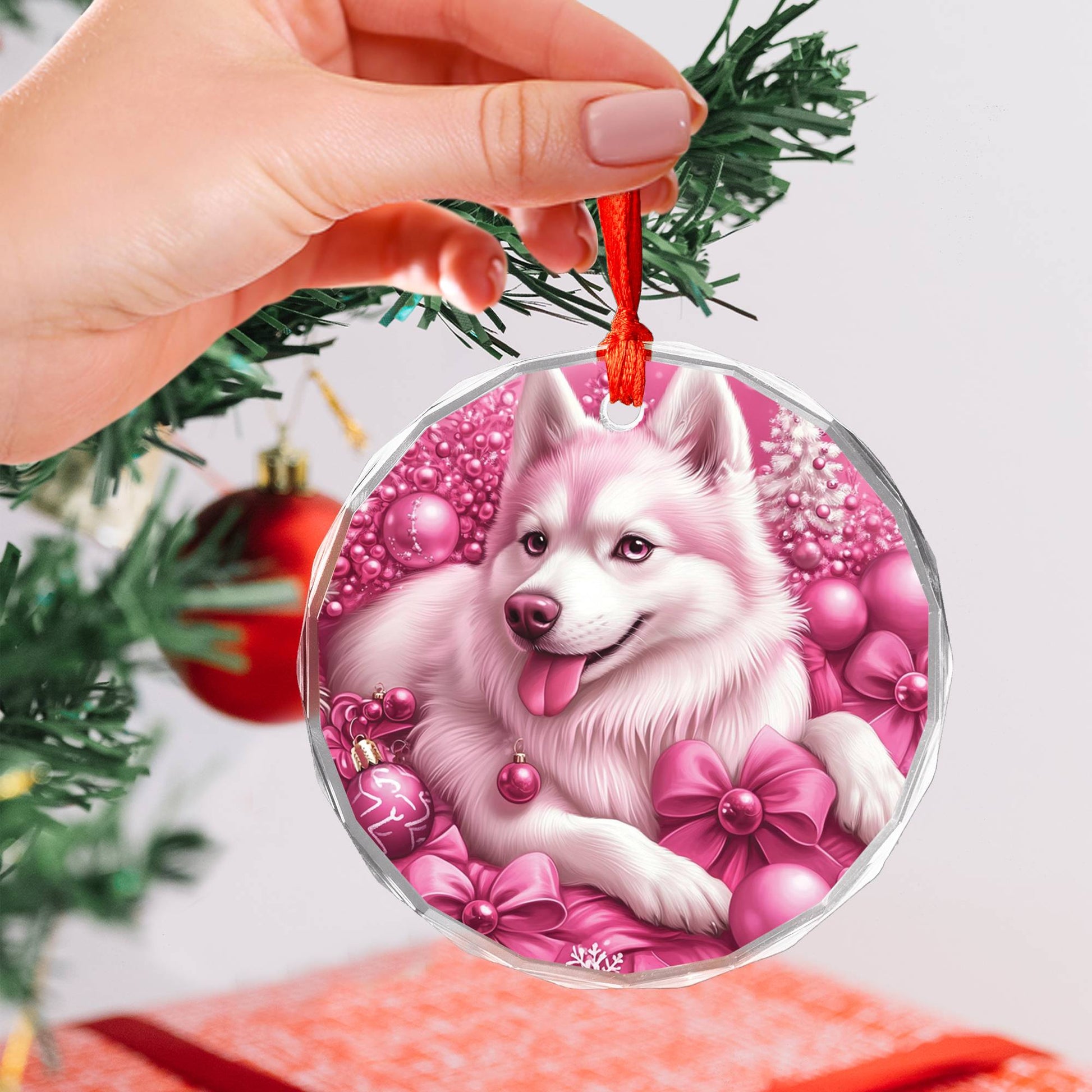Siberian Huskie Dog Pink Christmas Design 3 Glass Ornament