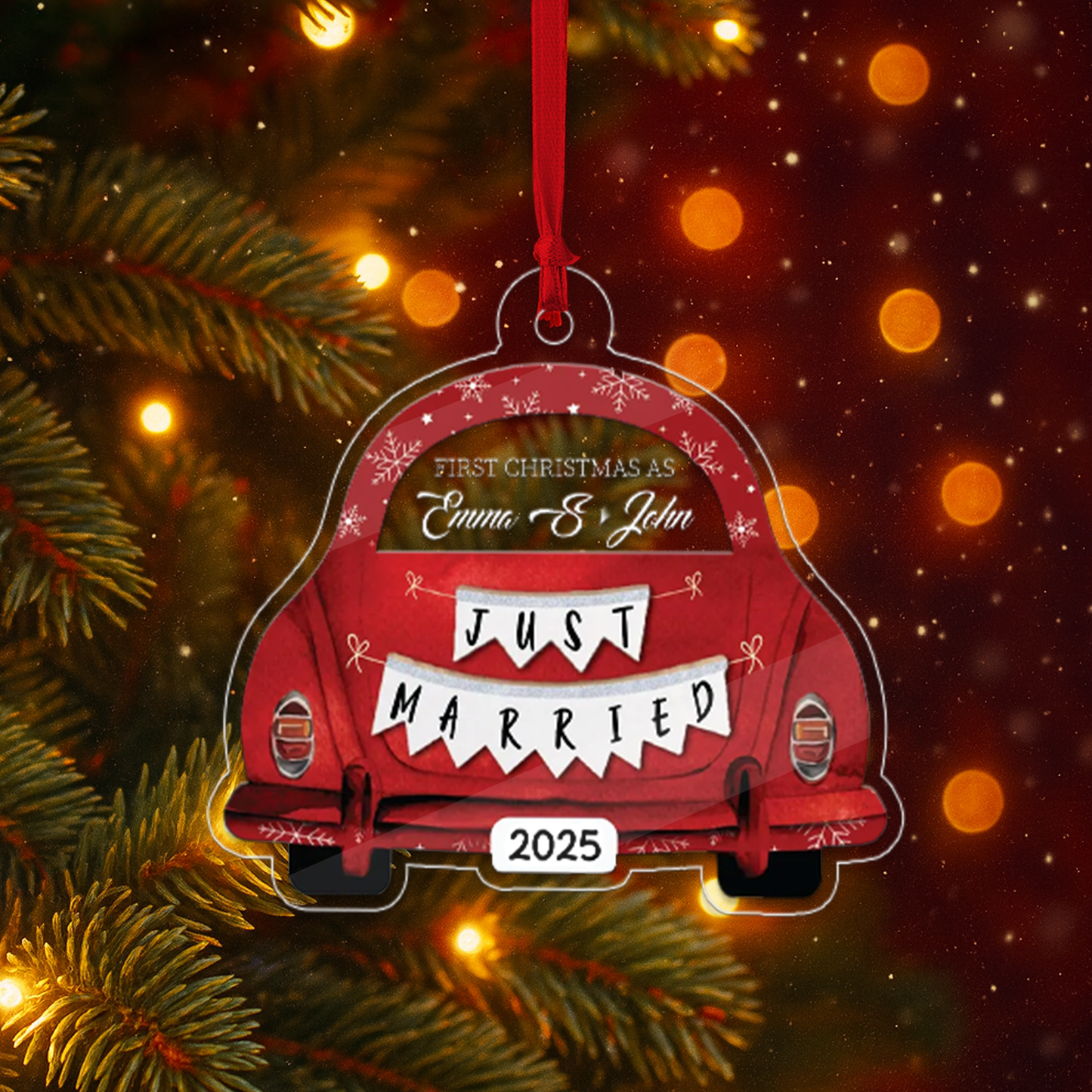 Custom Name Couple Just Merried Xmas Car