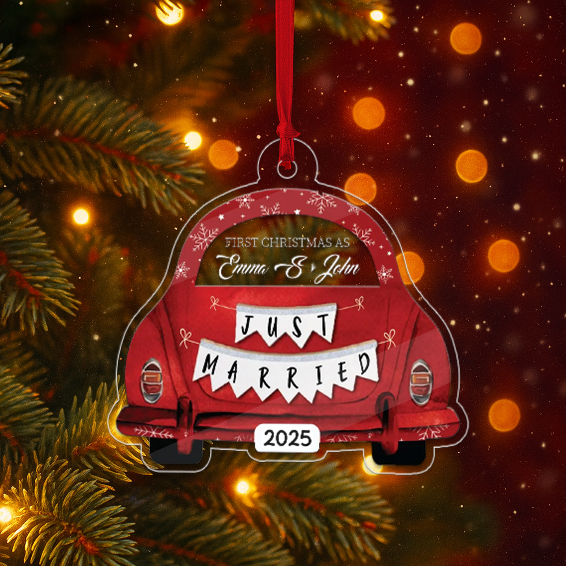 Custom Name Couple Just Merried Xmas Car