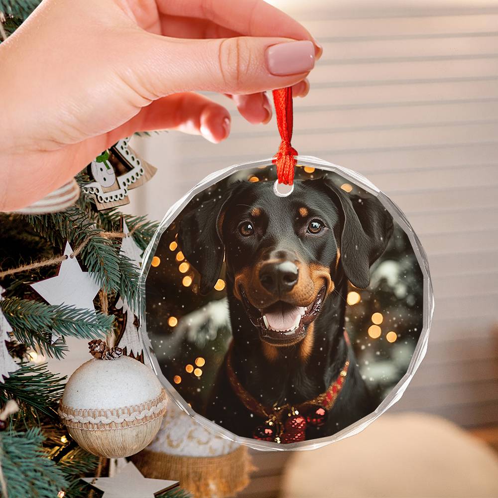 Beautiful Angus Doberman Pinscher Dog Christmas Night Design 2 Glass Ornament