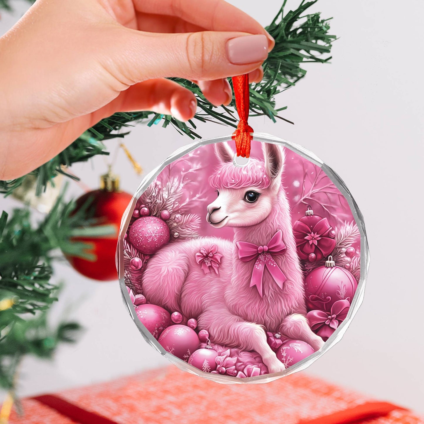 Alpaca Pink Christmas Design 3 Glass Ornament