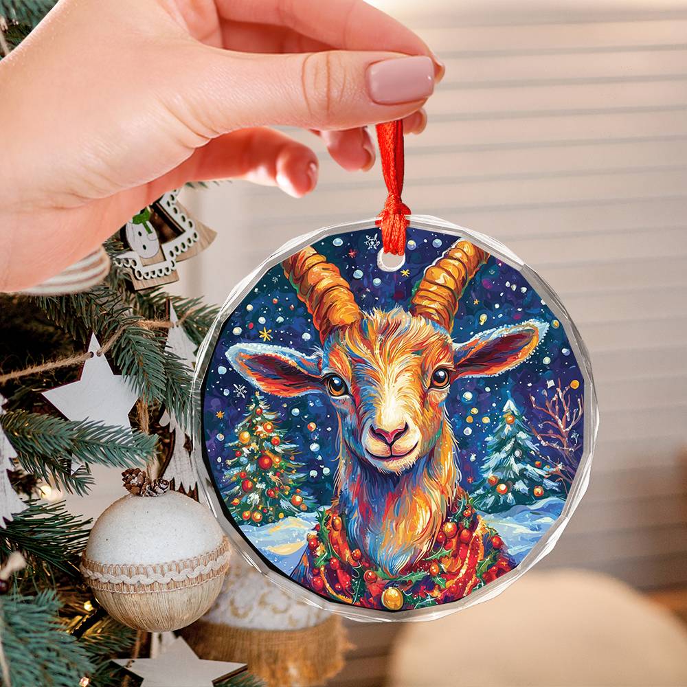 Beautiful Goat Christmas Night Design 2 Glass Ornament