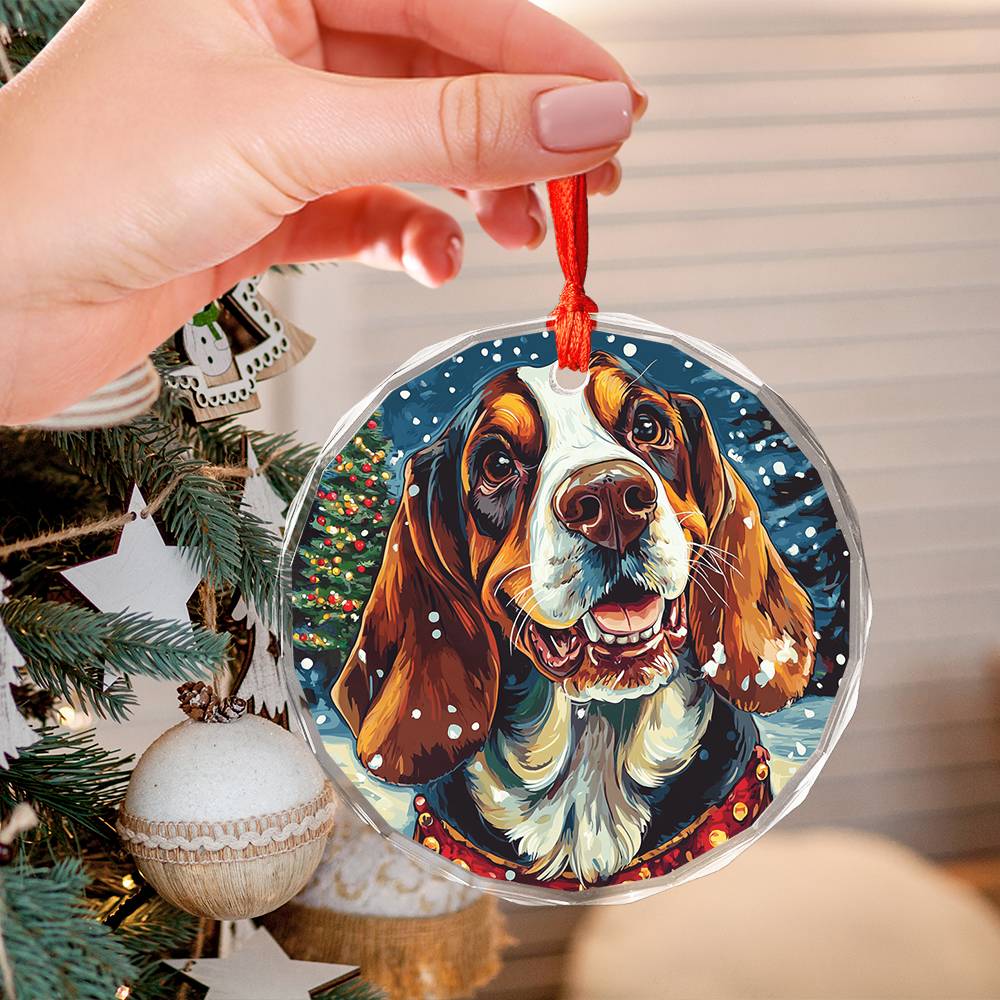 Beautiful Bassett Hound Dog Christmas Night Design 2 Glass Ornament