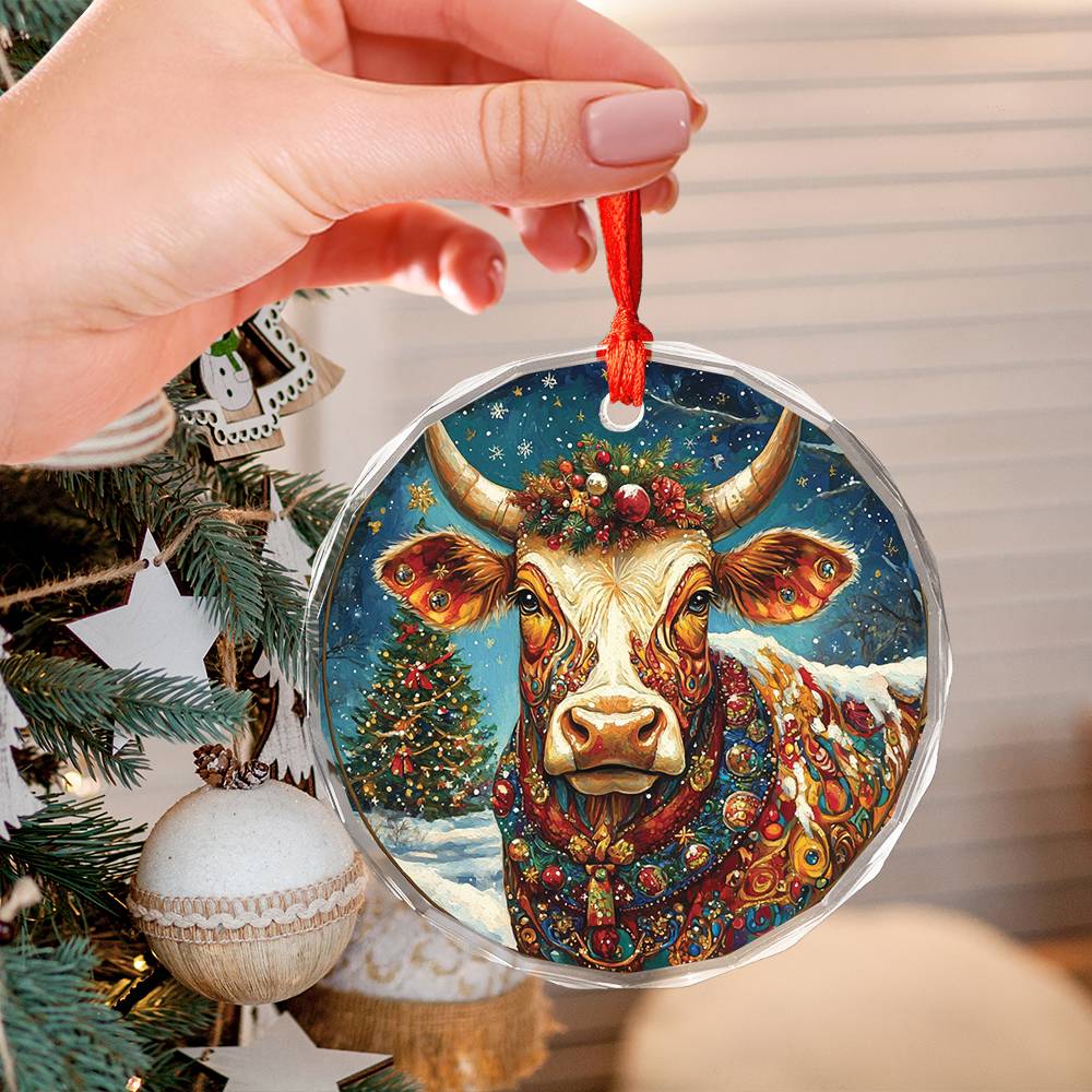 Beautiful Longhorn Cow Christmas Night Design 1 Glass Ornament