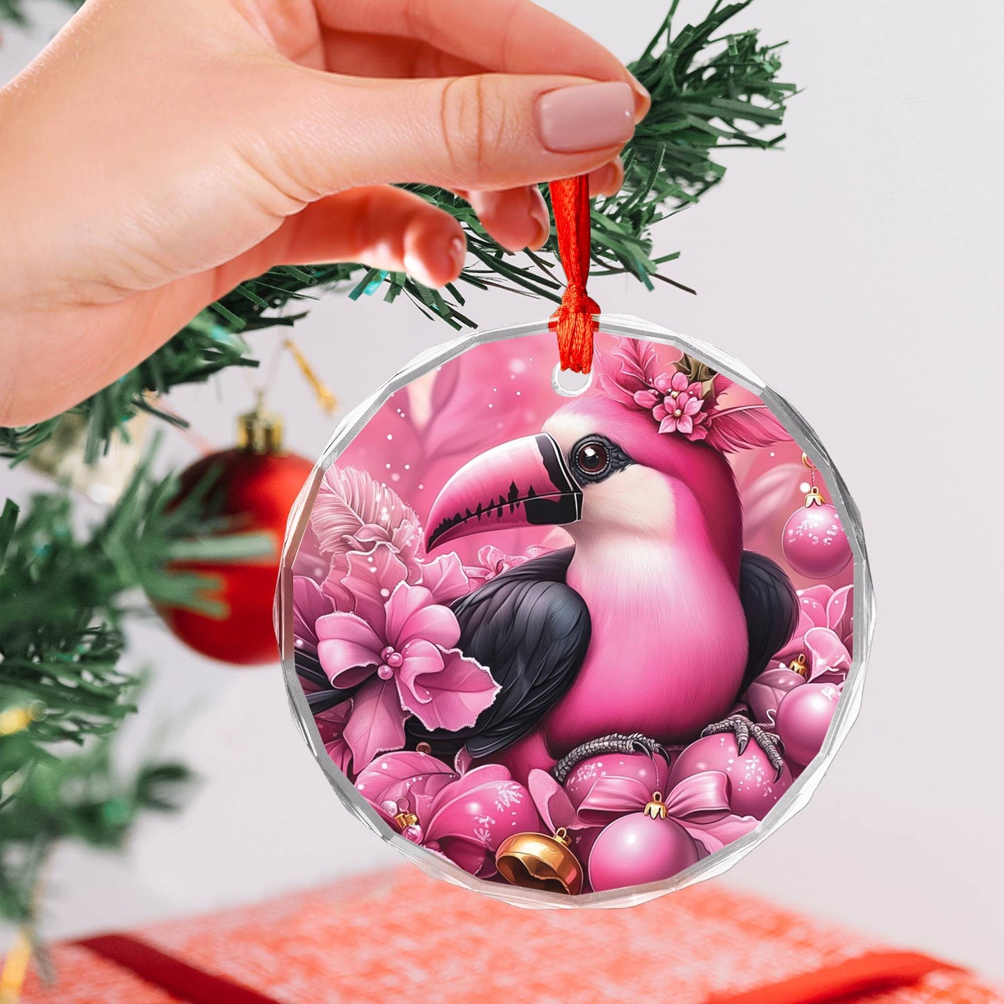 Toucan Pink Christmas Design 2 Glass Ornament