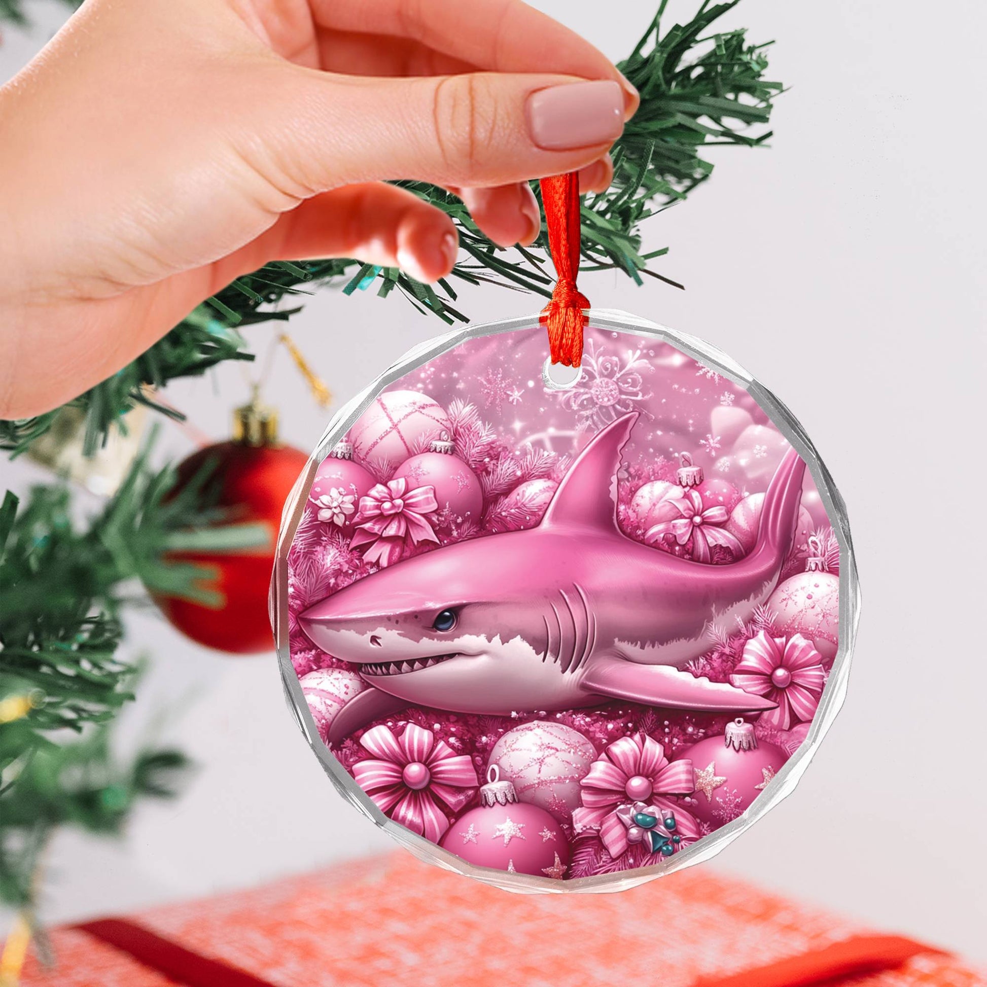Shark Pink Christmas Design 2 Glass Ornament
