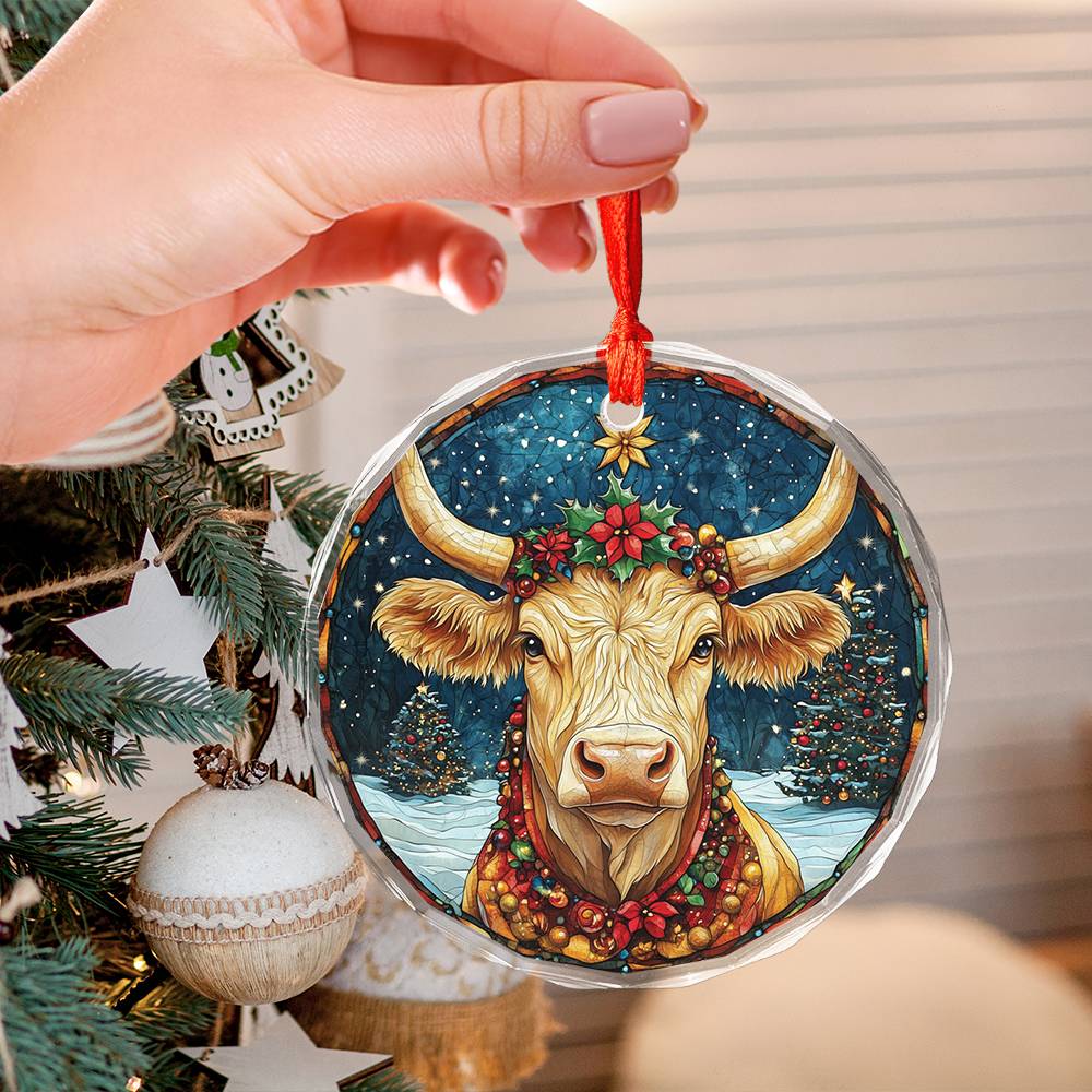 Beautiful Longhorn Cow Christmas Night Design 3 Glass Ornament