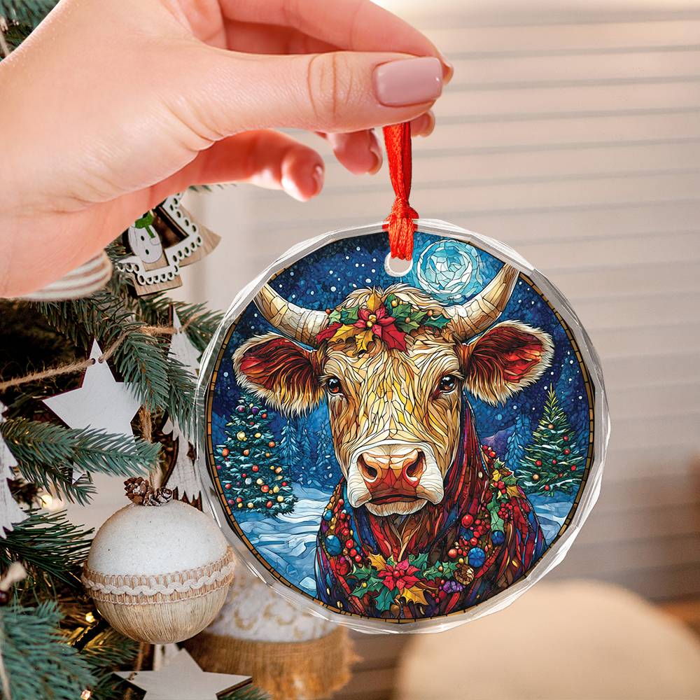Beautiful Angus Cow Christmas Night Design 2 Glass Ornament