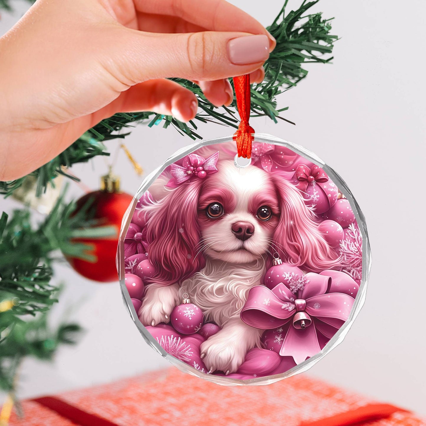 Cavalier King Charles Spaniel Dog Pink Christmas Design 3 Glass Ornament