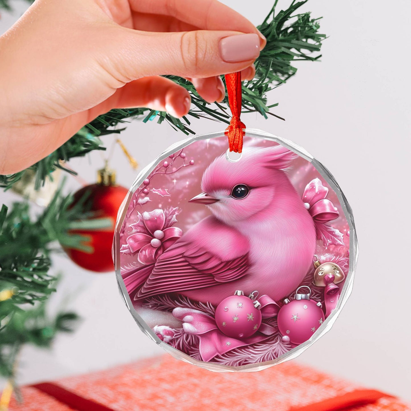 Songbird Pink Christmas Design 4 Glass Ornament