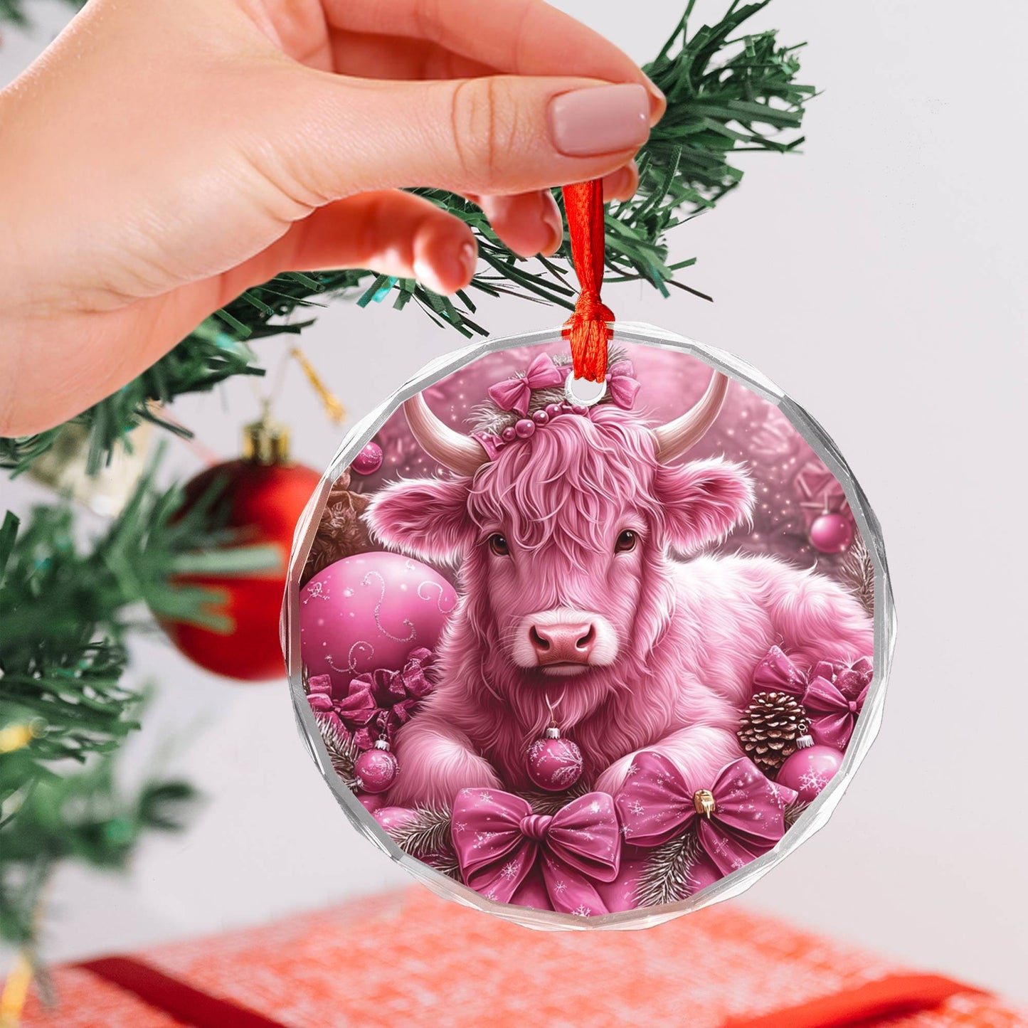 Highland Cow Pink Christmas Design 1 Glass Ornament