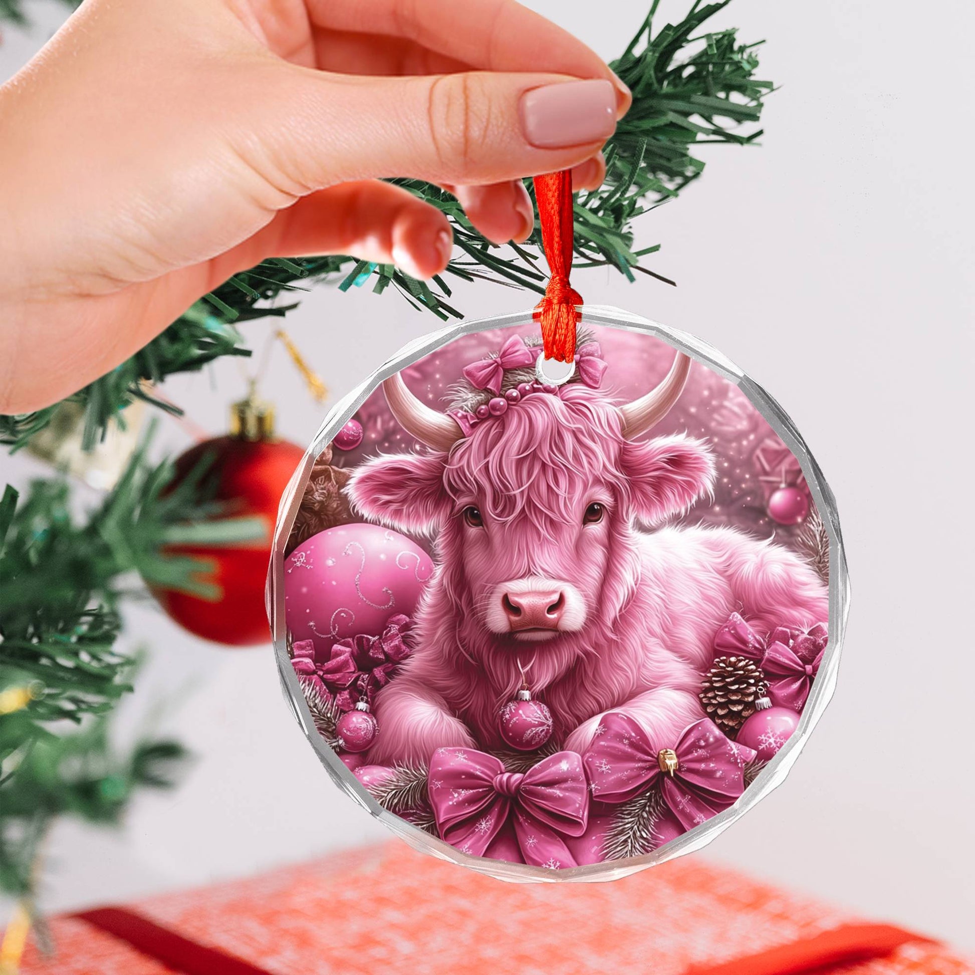 Highland Cow Pink Christmas Design 1 Glass Ornament