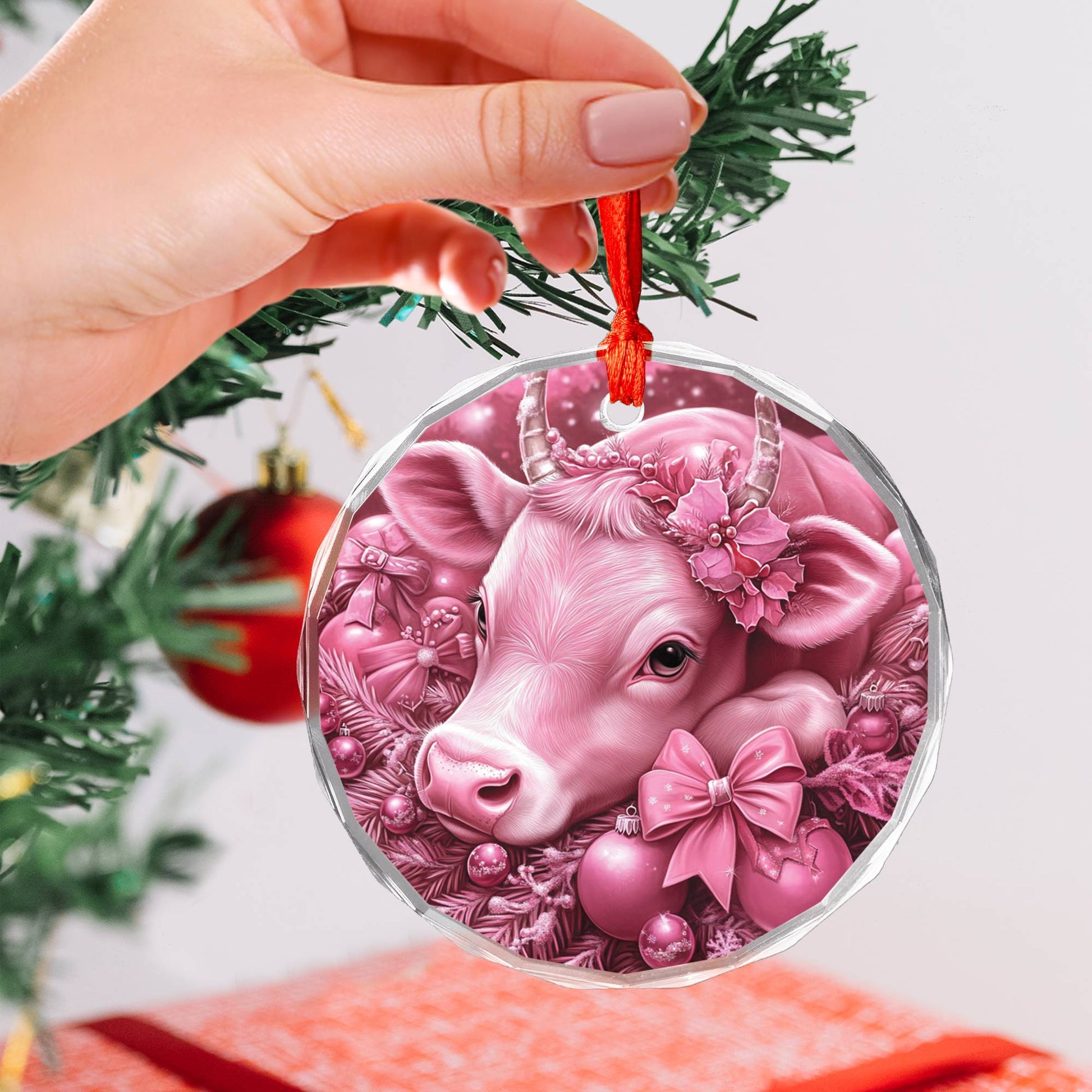 Hereford Cow Pink Christmas Design 2 Glass Ornament