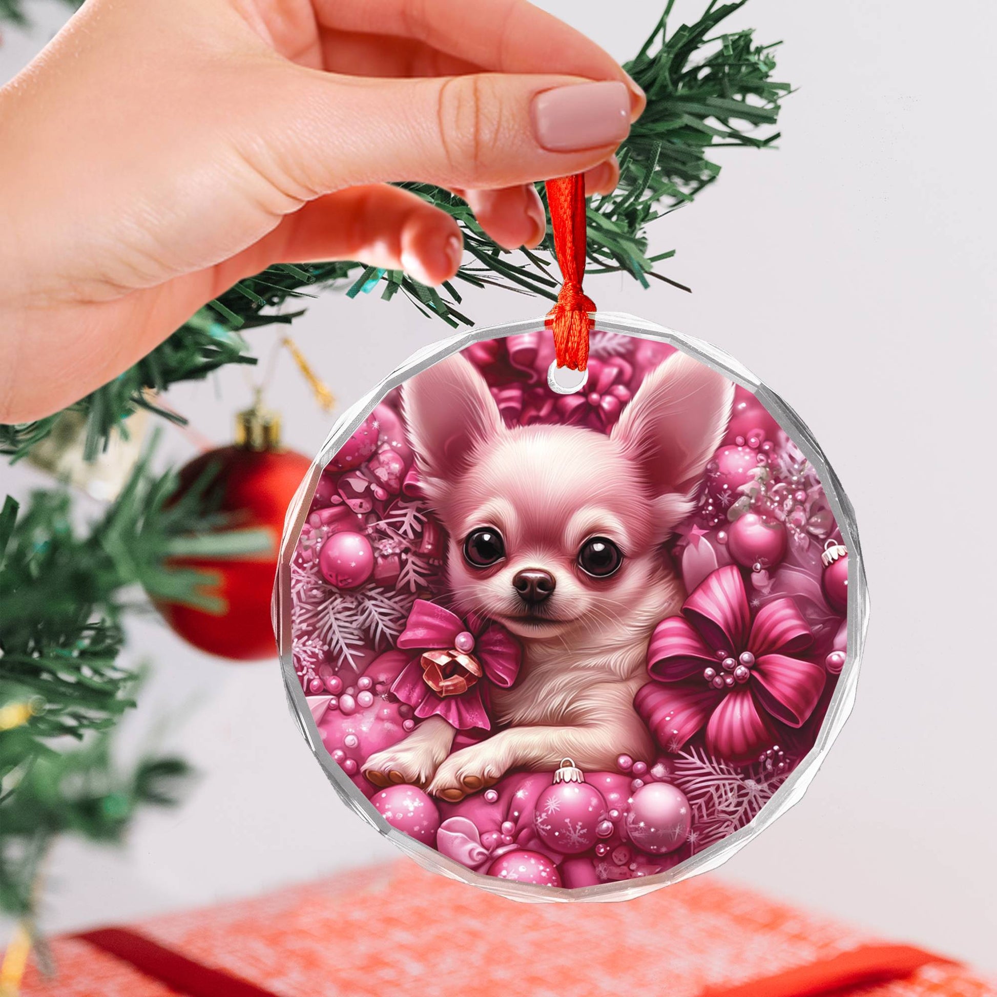 Chihuahua Dog Pink Christmas Design 4 Glass Ornament