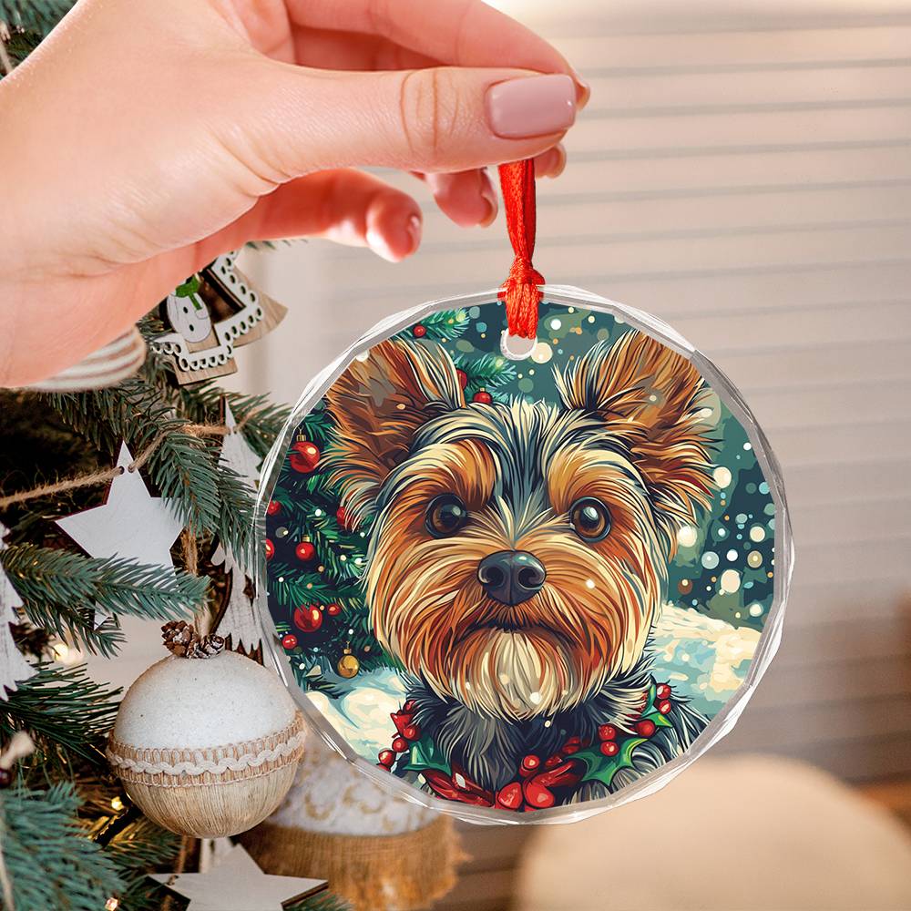 Beautiful Angus Yorkshire Terrier Dog Christmas Night Design 4 Glass Ornament