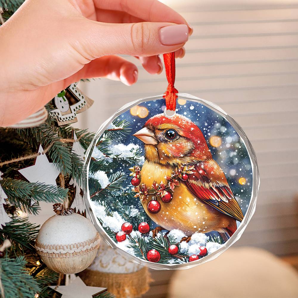 Beautiful Finch Christmas Night Design 3 Glass Ornament
