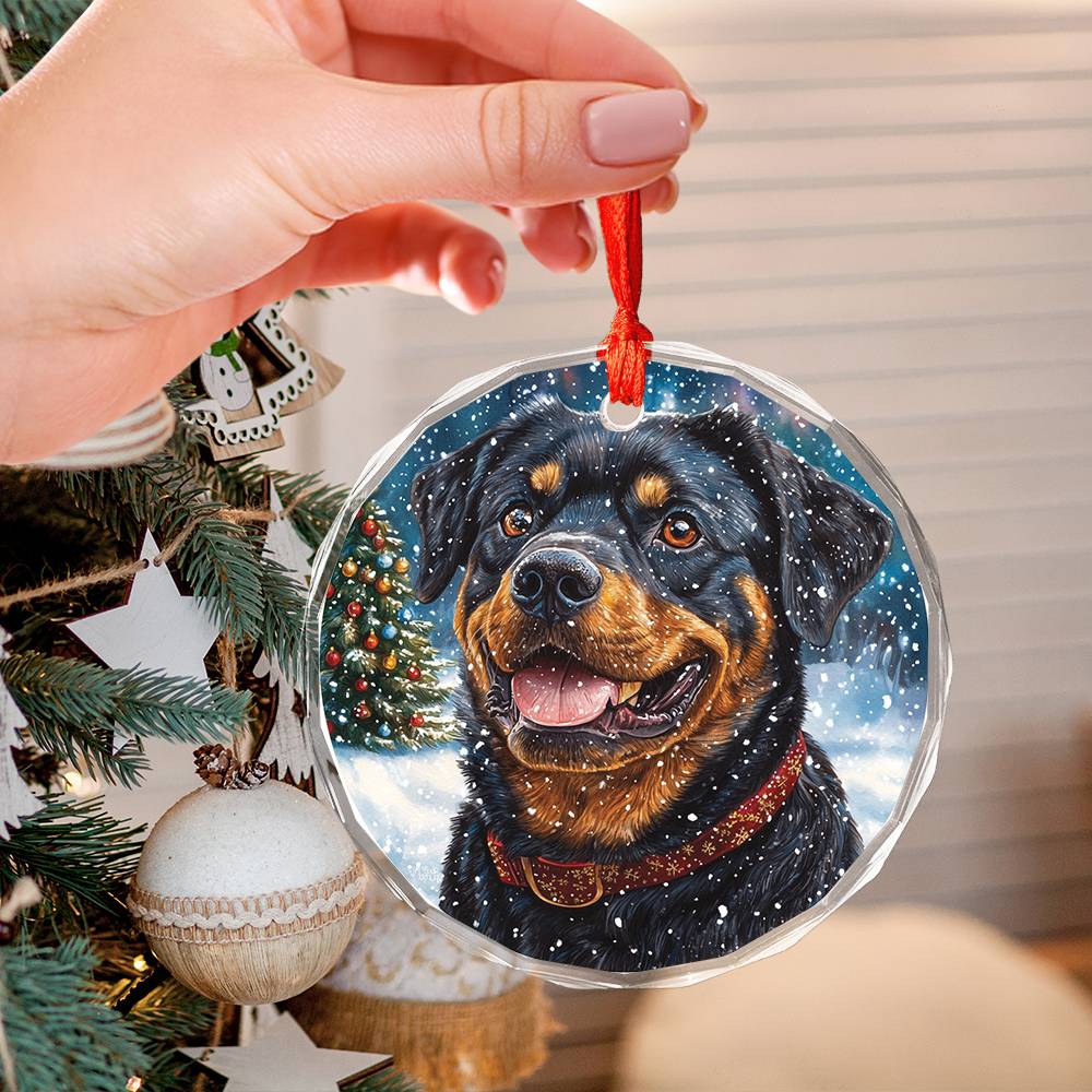 Beautiful Angus Rottweiler Dog Christmas Night Design 4 Glass Ornament