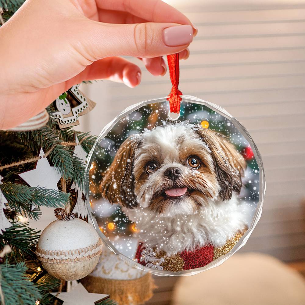 Beautiful Angus Shih Tzu Dog Christmas Night Design 2 Glass Ornament