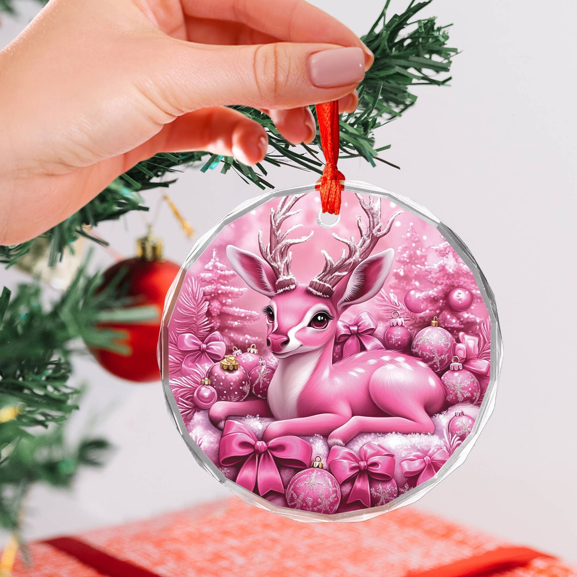 Antelope Pink Christmas Design 1 Glass Ornament