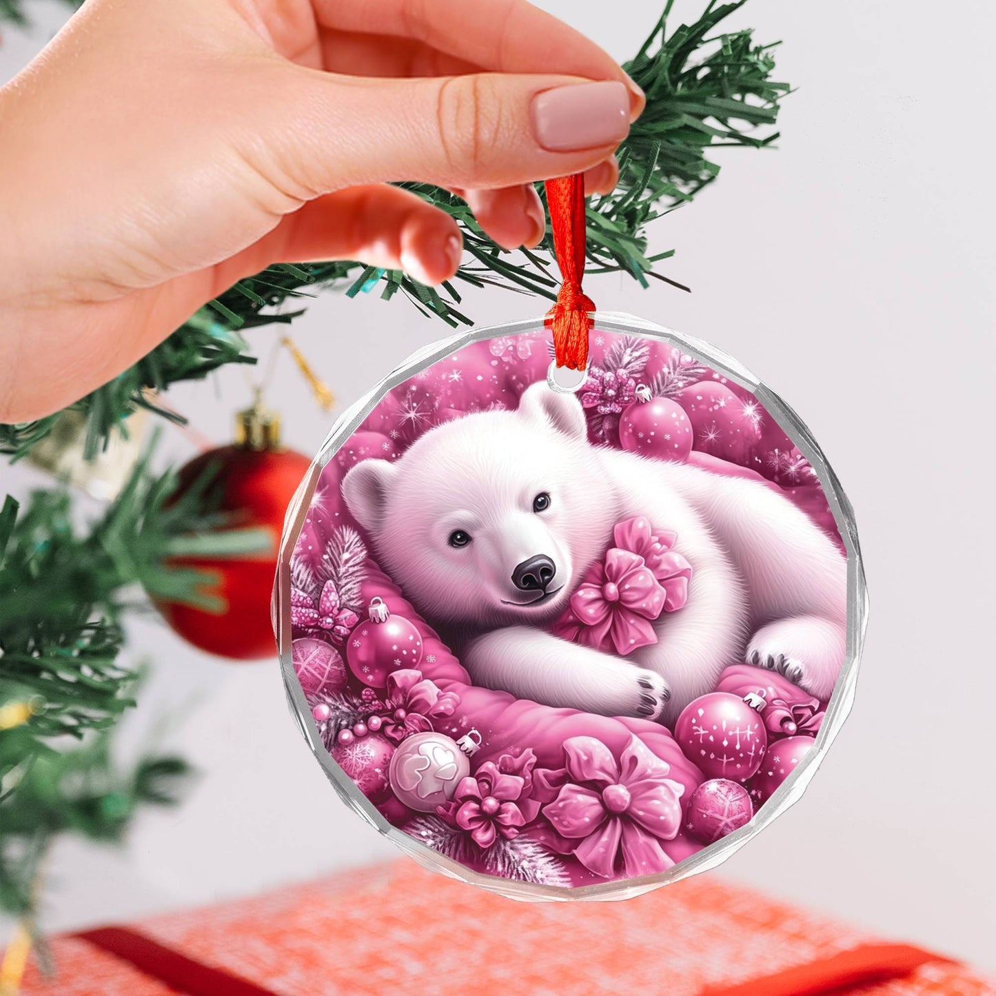 Pola Bear Pink Christmas Design 3 Glass Ornament