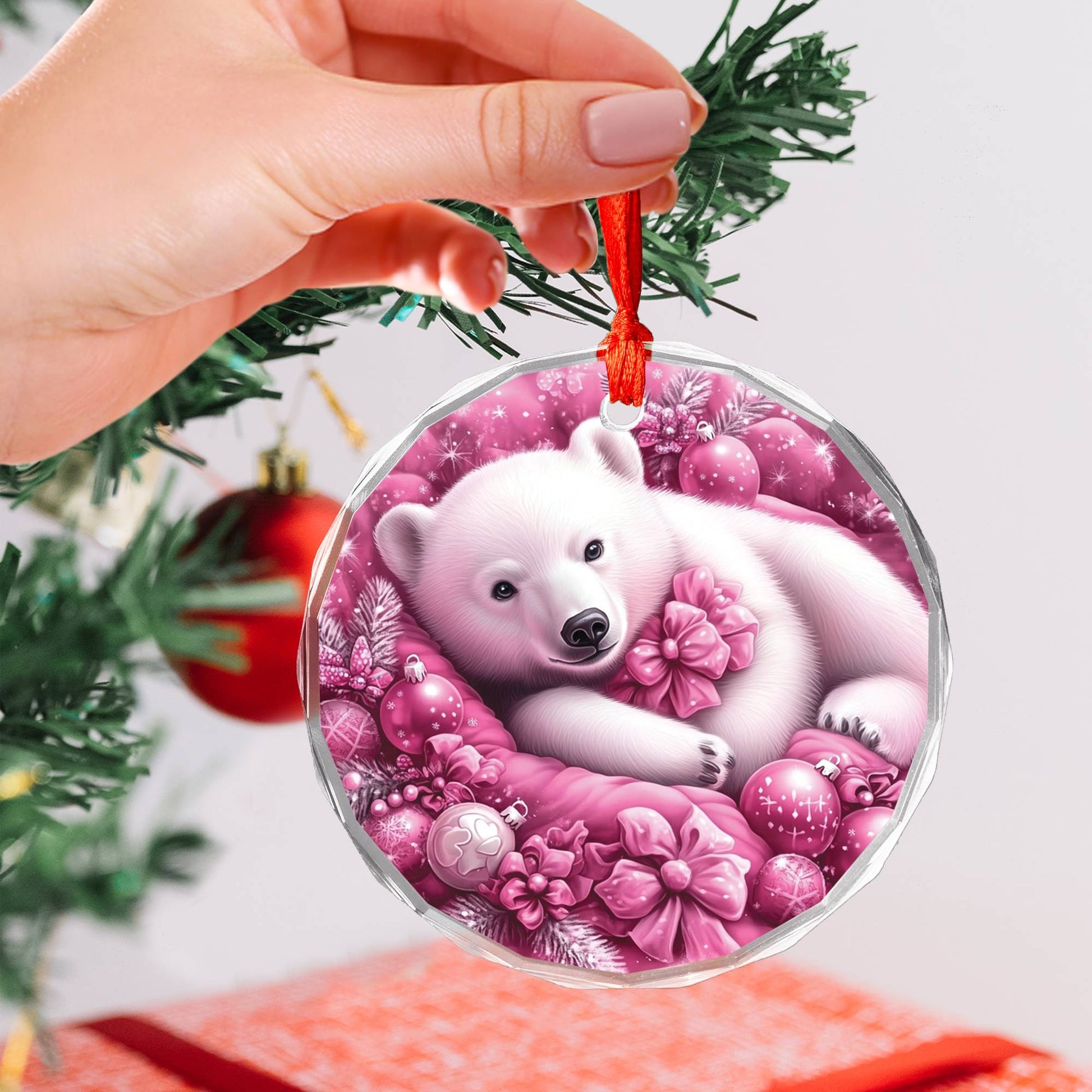 Pola Bear Pink Christmas Design 3 Glass Ornament