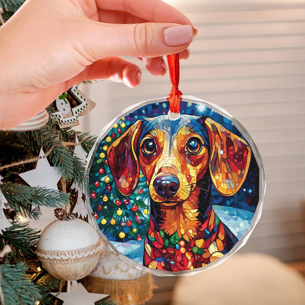 Beautiful Angus Dachshund Dog Christmas Night Design 2 Glass Ornament