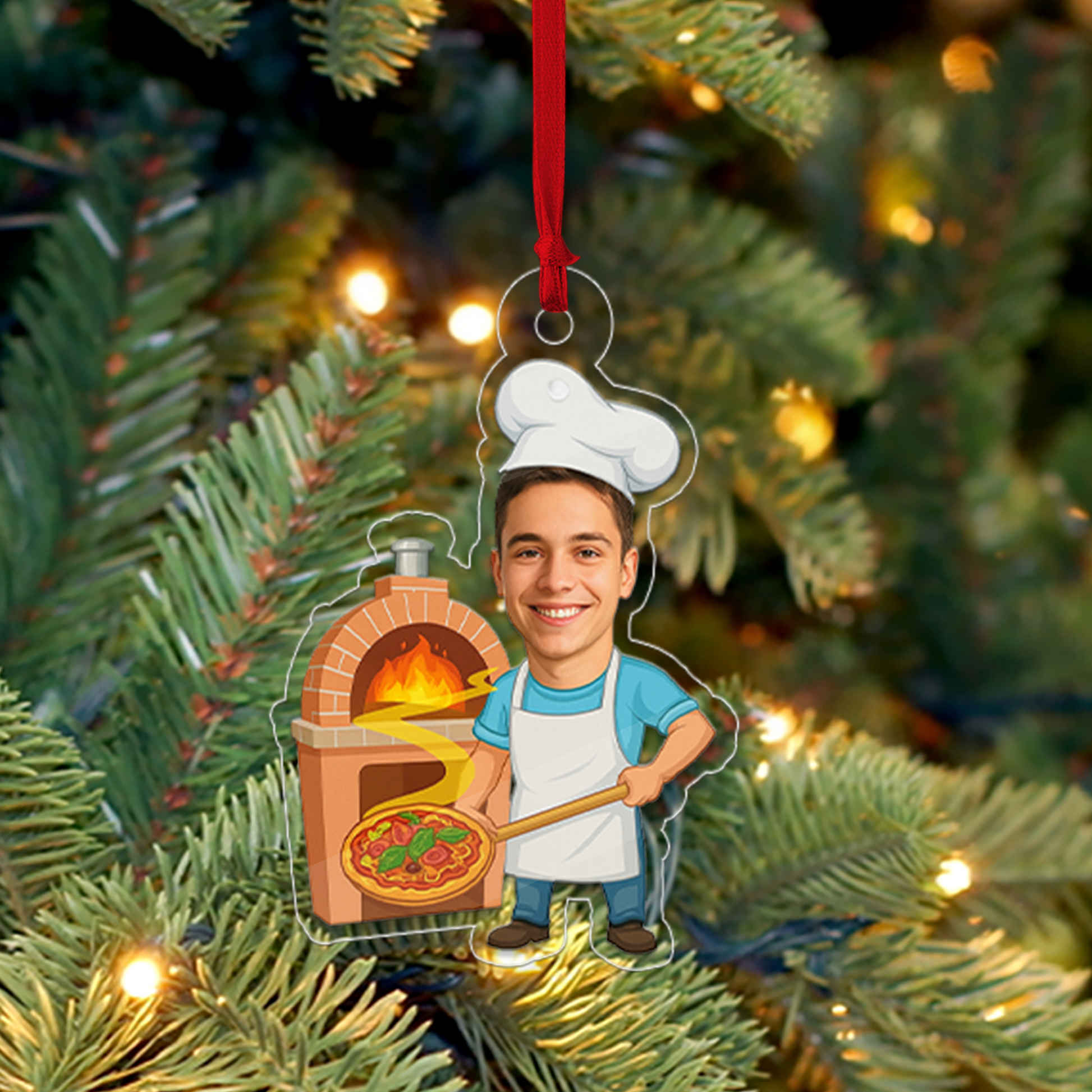 Custom Photo Pizza Maker Ornament, Personalized Photo Baker Portrait, Pizza Lovers Christmas Ornament