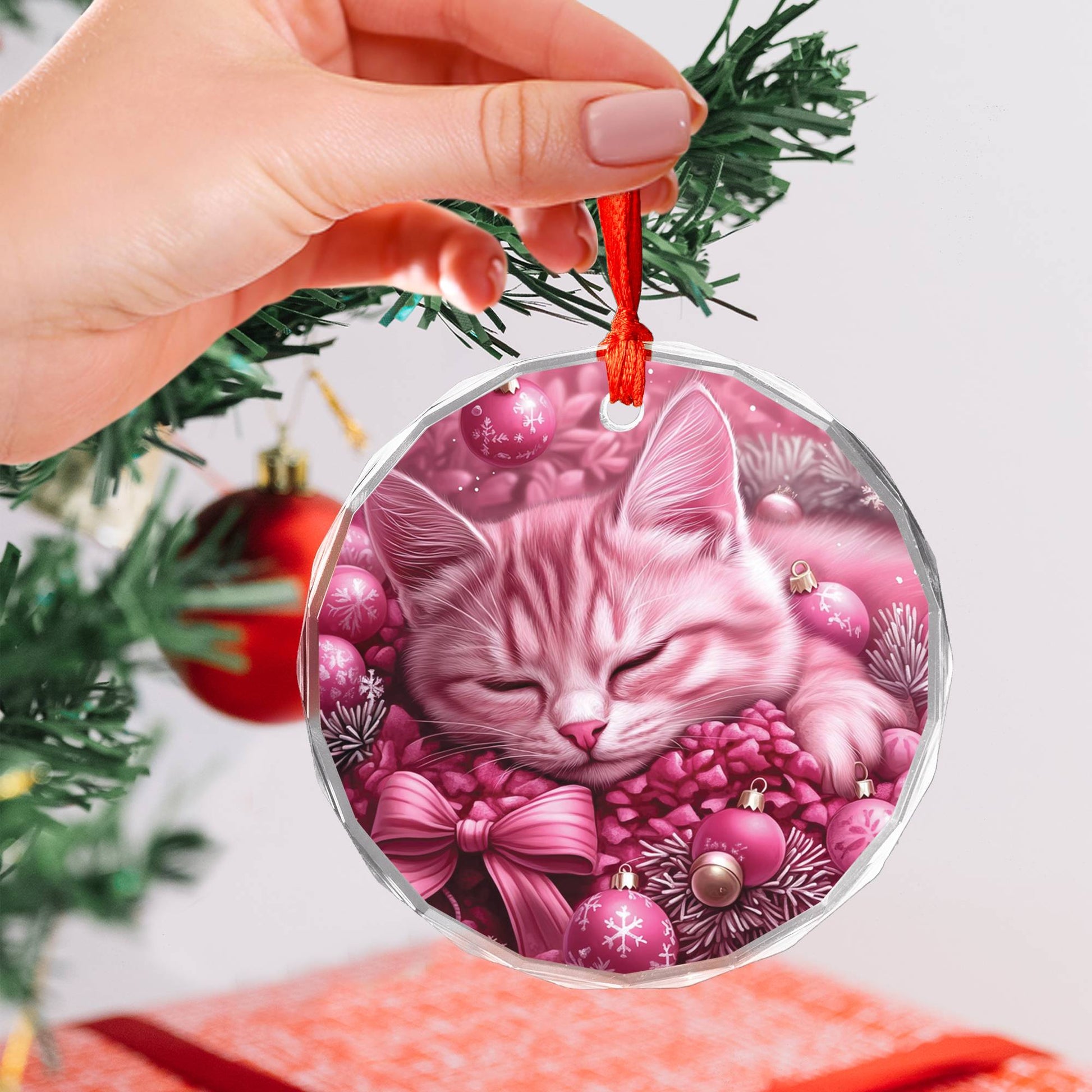 American Shorthair Pink Christmas Design 1 Glass Ornament
