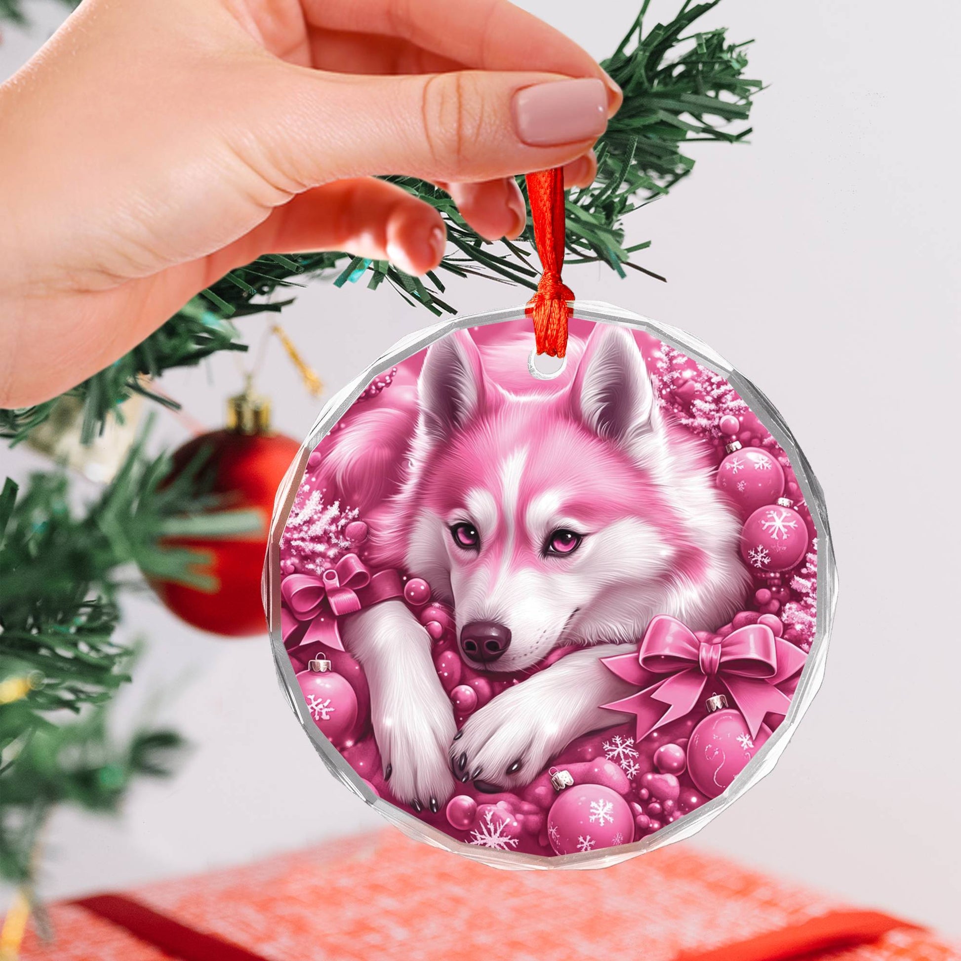 Siberian Huskie Dog Pink Christmas Design 1 Glass Ornament
