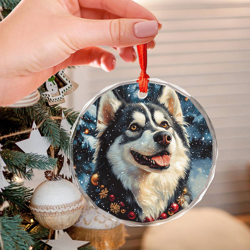 Beautiful Angus Huskie Dog Christmas Night Design 4 Glass Ornament