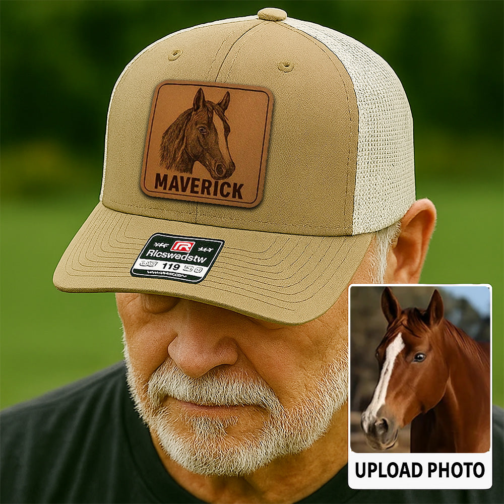 Custom Pet Photo Trucker Hat – Personalized Leather Patch Hat – Horse Lovers Gift – Custom Animals Hat NGOC99A11