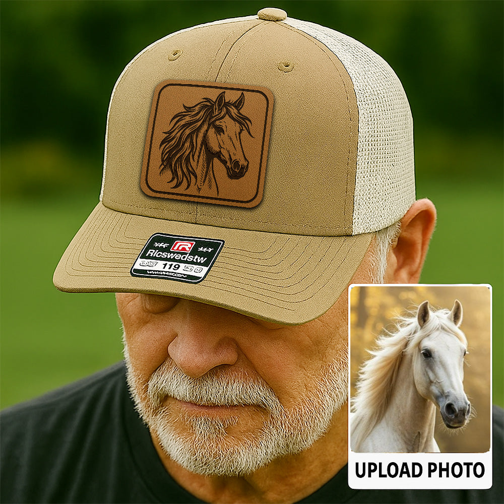 Personalized Horse Photo Leather Patch Hat | Custom Pet Photo Trucker Hat | Unique Gift For Horse Lovers THUC9905