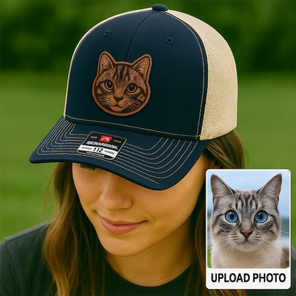 Custom Pet Photo Trucker Hat – Personalized Leather Patch Hat – Cat Owner Gift – Custom Pet Memorial Hat - Cat Gift - Engraved Hat NGOC99A5