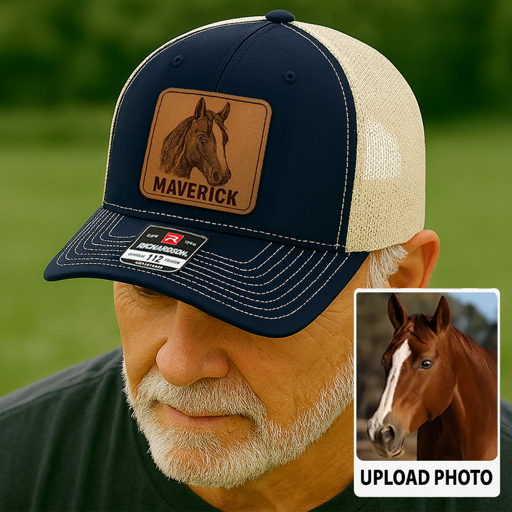 Custom Pet Photo Trucker Hat – Personalized Leather Patch Hat – Horse Lovers Gift – Custom Animals Hat NGOC99A11