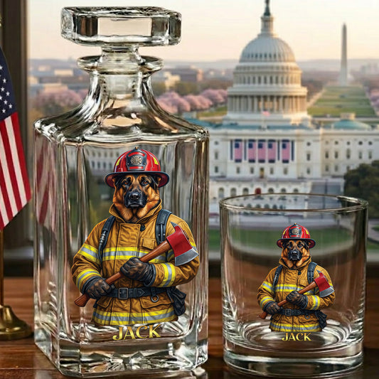Personalized Firefighter Dog Decanter Set – Custom Printed Whiskey Gift