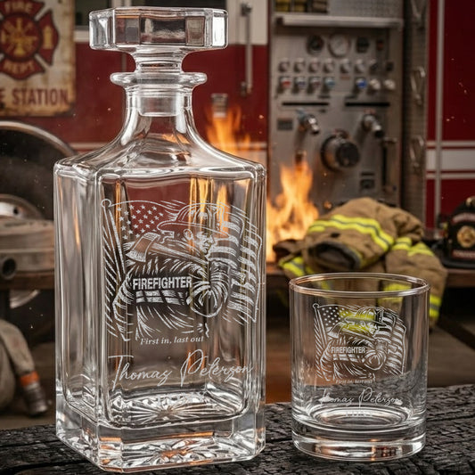 Custom Firefighter Decanter & Whiskey Glass Set, Engraved Name Gift for Firefighters