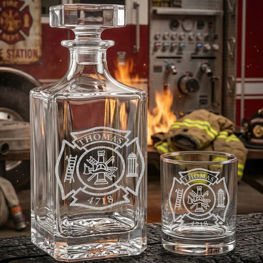 Personalized Firefighter Decanter Set – Custom Fire Dept Name & Number Engraved Whiskey Gift