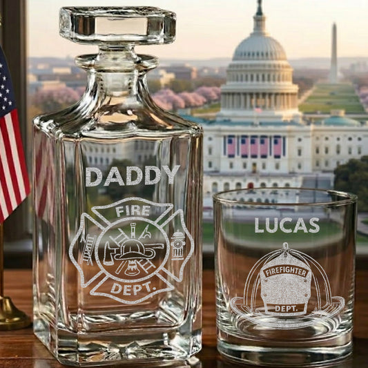 Firefighter Dad Whiskey Decanter Set, Personalized Name Glass Gift for Dad